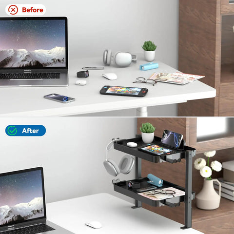 Clamp On Desk Organizer 2 Tier Above Or Under Desk Shelves With Large Capacity Tray Space Saving Phone And Tablet Holder And Headphone Hook No Drilling Desktop Storage For Office And Home shown before and after use.
