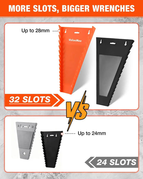 Comparison of two magnetic wrench racks; 32-slot orange rack vs 24-slot gray rack, for SAE and metric wrenches