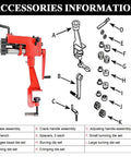 Diagram of 22 Gauge Sheet Metal Rotary Bead Roller With 7 Inch Throat Manual Beading Tool and labeled accessories, including 6 die sets