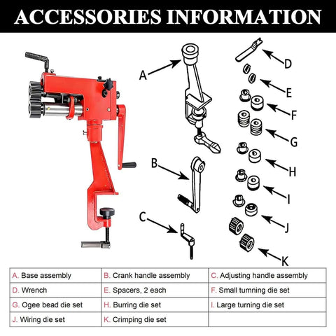 Diagram of 22 Gauge Sheet Metal Rotary Bead Roller With 7 Inch Throat Manual Beading Tool and labeled accessories, including 6 die sets