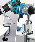 360 Degree Table Clamp Vise Drill Stand For Drill Grinder And Rotary Tool Adjustable Bench Mount shown in use on workbench.