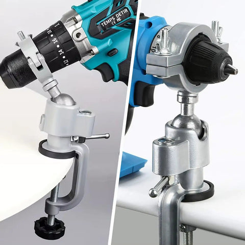 360 Degree Table Clamp Vise Drill Stand For Drill Grinder And Rotary Tool Adjustable Bench Mount shown in use on workbench.