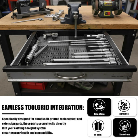 Socket Extension Holder For Tool Grid With Modular Clips To Stop The Roll And Lock Them In Place, Pegboard Compatible Organizer in drawer.