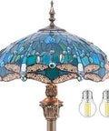 Dragonfly Green Tiffany Floor Lamp With 16 Inch Wide Shade And 64 Inch Tall Standing Light Stained Glass Decor Bronze Resin Base Pull Chain UL Listed Ideal For Cozy Bedroom Living Room Home Office