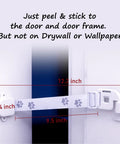 Adjustable Child Proof Door Locks With Door Strap Latch No Drill Setup keeps kiddos out, showing dimensions and paw print design.