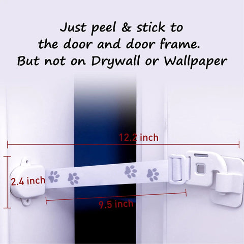 Adjustable Child Proof Door Locks With Door Strap Latch No Drill Setup keeps kiddos out, showing dimensions and paw print design.