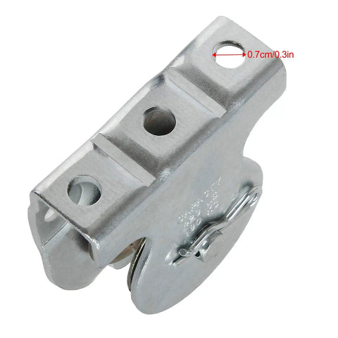 6 Pack Zinc Plated Wall Mount Pulleys, Fixed One And A Half Inch Cable Pulleys With 6 Screw Holes, Silver Small Pulleys, 421 Lbs Capacity, Fits Three Eighths Inch Wire Rope For Lifting, Built Tough, Easy Install close-up silver zinc plated wall mount pulley with 6 screw holes
