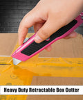 Two Pack Retractable Box Cutter Knife Set With Metal Body Heavy Duty Utility Knives For Cardboard Box Opening Packaging And Craft Projects Durable Steel Build, pink knife cutting box