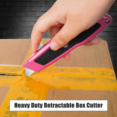 Two Pack Retractable Box Cutter Knife Set With Metal Body Heavy Duty Utility Knives For Cardboard Box Opening Packaging And Craft Projects Durable Steel Build, pink knife cutting box