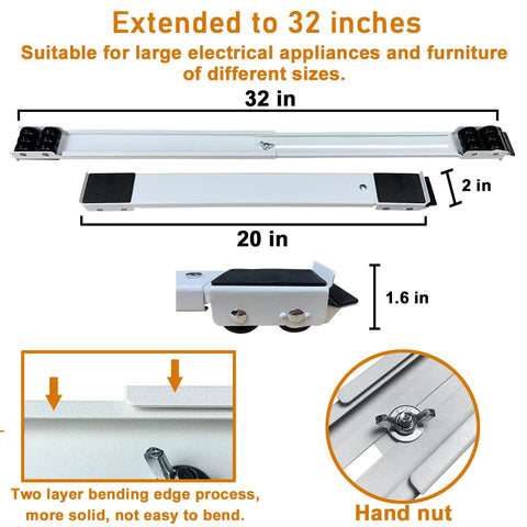 Two Pack Heavy Duty Appliance Rollers, Extendable U-Cart Movers, adjustable 20.3 to 32.3 inches, 2 inch width, shown with dimensions