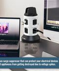 Spin Power Deluxe Eight Outlet Surge Protector Power Strip Tower With Six USB Ports And Cord on an office desk