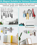 Heavy Duty Magnetic Knife Strip Wall Mount Holder in various uses, displaying knives, tools, and keys on walls.