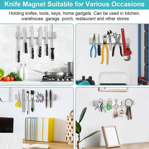 Heavy Duty Magnetic Knife Strip Wall Mount Holder in various uses, displaying knives, tools, and keys on walls.