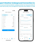 Smartphone displaying WiFi Smart Weather Station app with real-time data, supporting Weather Underground connection