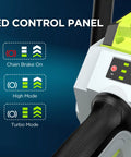 Close-up of control panel on Powerful 60V 18-Inch Cordless Chainsaw With Dual 6.0Ah Batteries, featuring LED indicators and modes.