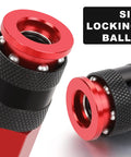 Close-up of Universal Air Coupler And Plug Kit With Quarter Inch Threads showing red and black design with six locking balls