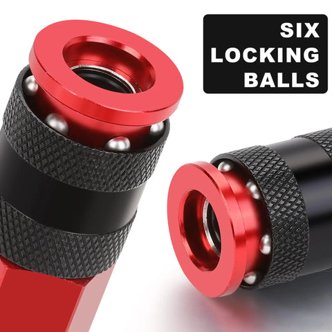 Close-up of Universal Air Coupler And Plug Kit With Quarter Inch Threads showing red and black design with six locking balls