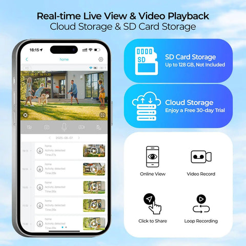 Phone displaying Wireless Outdoor Security Camera System With 2K Color Night Vision 360 Degree Panoramic View interface