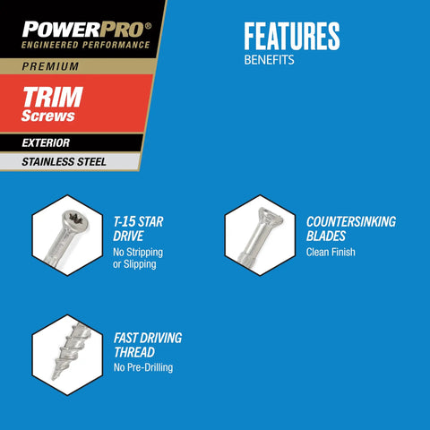 Features of Stainless Steel Trim Screws Size Eight By One And Five Eighths Inch Star Drive No Pre Drill Quick Install One Pound Box