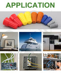 255 Piece Wire Cap Connector Kit For 22 To 10 AWG Insulating Twist On Connectors With Spring Easy Install Assorted Color Caps Gray Blue Orange Yellow Red No Fuss Quick Electrical Connections shown with various applications including home and automotive wiring.