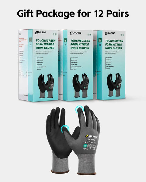 Safety Work Gloves MicroFoam Nitrile Coated Seamless Knit Nylon, 12 Pairs Pack, black gloves with touch-screen fingertips visible.