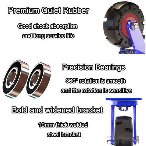 Heavy Duty Rubber Casters 200 Mm Swivel Wheels Silent Shock Absorbent Natural Rubber Treads with precision bearings for smooth rotation.