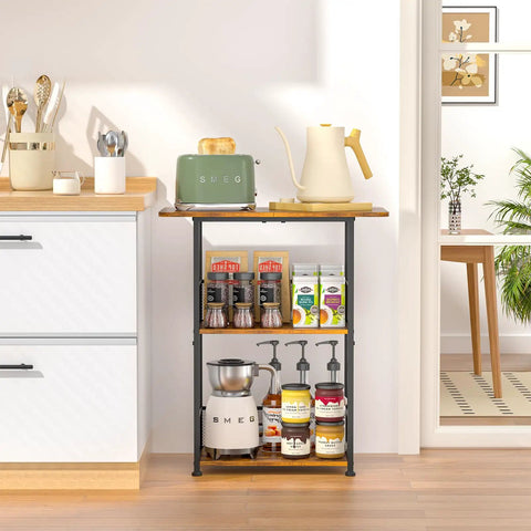 Compact Three Tier Floor Standing Coffee Bar Shelf For Cozy Corner Space Saving Farmhouse Style Coffee Station in kitchen