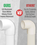 Comparison of 12 Pack 0.75 Inch 90 Degree PVC Elbow Fittings Furniture Grade White Connectors and a beige alternative