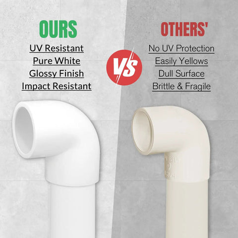 Comparison of 12 Pack 0.75 Inch 90 Degree PVC Elbow Fittings Furniture Grade White Connectors and a beige alternative