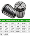 ER32 Spring Collet Set For CNC Milling Lathe And Engraving Machines, 26 Piece Kit with size chart shown
