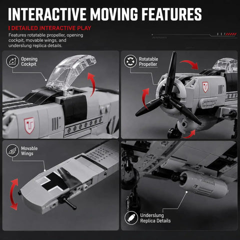 Image showcasing FW-190 Fighter Aircraft Build Kit With 503 Pieces For Adults And Hobbyists features like rotatable propeller