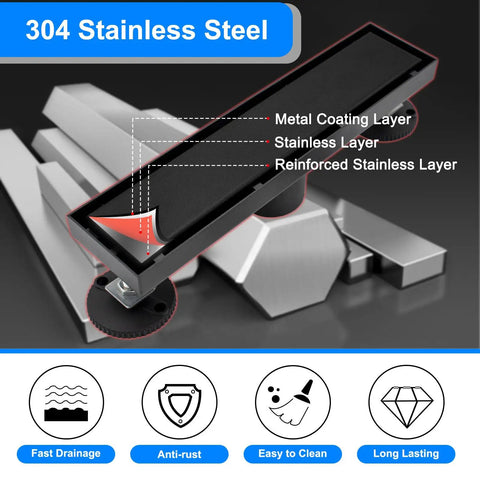 Diagram of 26 Inch Linear Shower Drain With Removable 2 In 1 Cover Tile Insert Grate Rectangle Shower Floor Drain SUS304 Stainless Steel