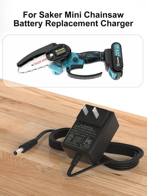 21V 1A Mini Chainsaw Battery Charger For Saker Seyvum Aker O Conn Mini Chainsaws Portable Lithium Battery Charger shown on wood surface
