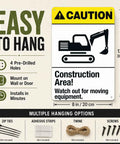 Caution Construction Area Warning Sign 8x12 Inch Aluminum for job sites easy to hang with multiple mounting options shown