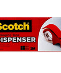 Packaging box of a red portable heavy-duty packaging tape dispenser with hand brake for 3 in (76 mm) core rolls.