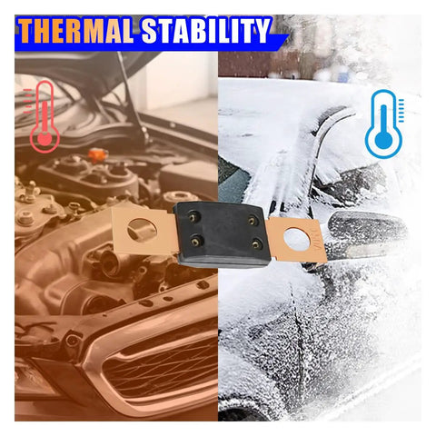 Hardcore 150 Amp 32 Volt MEGA Bolt Down Fuse Heavy Duty Pure Copper High Current Shield on engine and snowy car background.