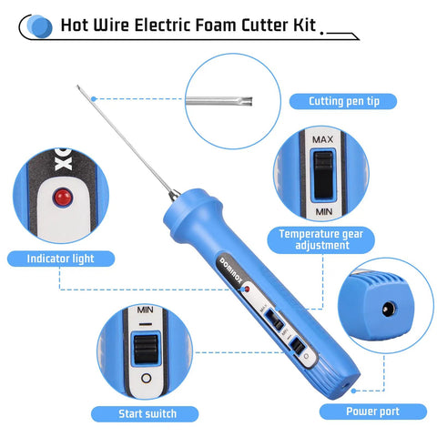 Dominox Electric Hot Wire Foam Cutter 4 Inch Styrofoam Hot Knife Pen Tool showing indicator light and temperature adjustment features.