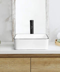 Rectangle Vessel Sink With Faucet In White Porcelain Above Counter Bathroom Basin With Black Edge Modern 16 By 12 Inch Vanity Countertop Sink