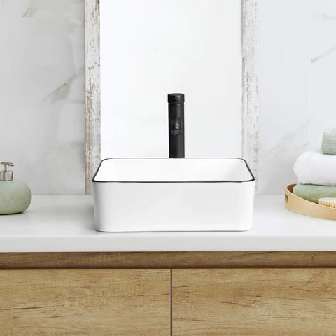 Rectangle Vessel Sink With Faucet In White Porcelain Above Counter Bathroom Basin With Black Edge Modern 16 By 12 Inch Vanity Countertop Sink