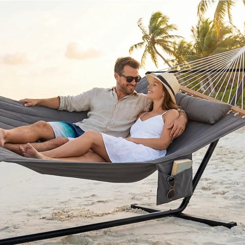 Two Person Outdoor Hammock With Heavy Duty Steel Stand 55 Inch Double Hammock Large Removable Pillow Storage Pockets Easy Setup 475 Lbs Capacity For A Chill Backyard Hangout Haze Gray