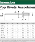 Dimensions chart for 245 Pcs Pop Rivets Kit For Metal And Aluminum Blind Rivets In 8 Sizes M3.2 M5 M6.4