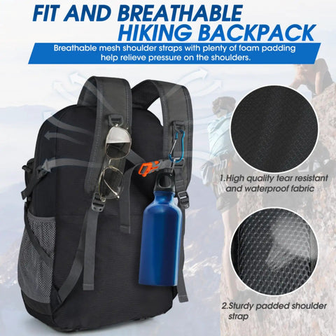 Back view of 40L Packable Hiking Backpack For Men And Women Lightweight Waterproof Daypack, straps and waterproof fabric close-up