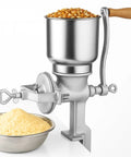Manual Hand Crank Grain Mill Grinder For Fresh Flour In Minutes With Durable Iron Construction And Clamp Handle For Easy Home Use Perfect For Grinding Corn Wheat Nuts And Other Grains In A Compact Silver Design