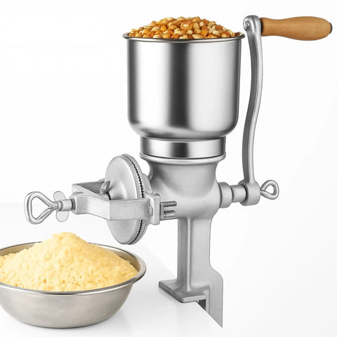 Manual Hand Crank Grain Mill Grinder For Fresh Flour In Minutes With Durable Iron Construction And Clamp Handle For Easy Home Use Perfect For Grinding Corn Wheat Nuts And Other Grains In A Compact Silver Design