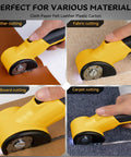 HomeBeyond Cordless Electric Scissors With Bright Led Light And Safety Lock Powerfully Slices Through Cardboard, Fabric, Leather, And Carpet Up To 8mm Thick For Effortless Diy Projects and Crafting Tasks in action cutting leather, fabric, cardboard, and carpet.