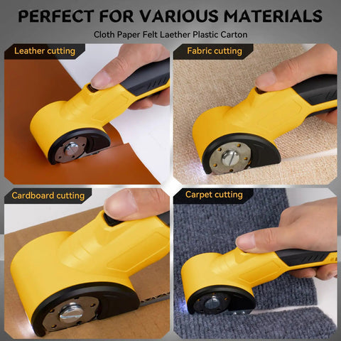 HomeBeyond Cordless Electric Scissors With Bright Led Light And Safety Lock Powerfully Slices Through Cardboard, Fabric, Leather, And Carpet Up To 8mm Thick For Effortless Diy Projects and Crafting Tasks in action cutting leather, fabric, cardboard, and carpet.