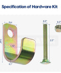 Specification of hardware kit showing bracket, bolt, and nut dimensions for round tube gates