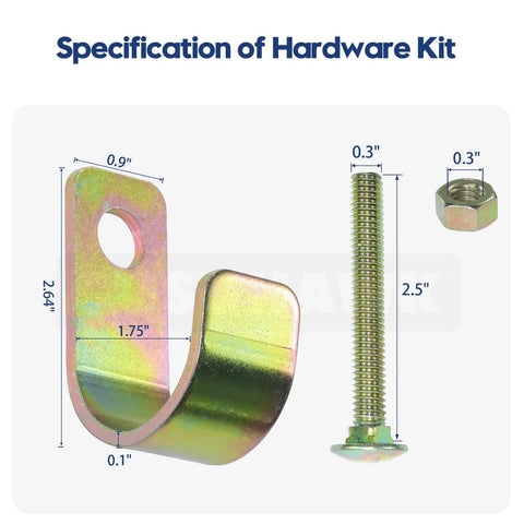 Specification of hardware kit showing bracket, bolt, and nut dimensions for round tube gates