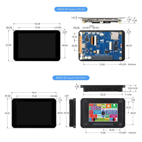 Slick Esp32-S3 Maker Board With A Smooth 3.5 Inch Ips Capacitive Touchscreen and detailed dimensions from multiple angles.