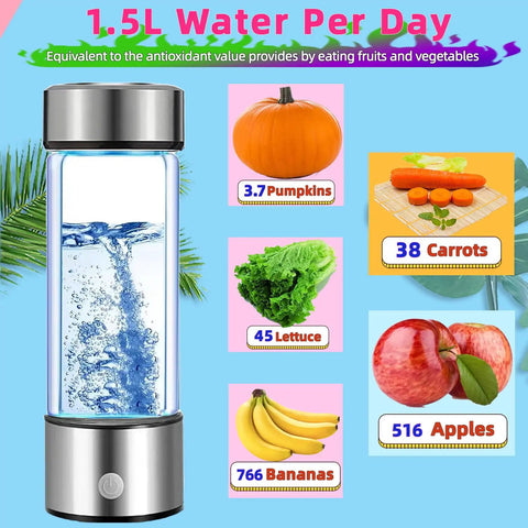 Hydrogen Water Bottle Generator 2 Pack With SPE PEM Tech Water Ionizer with glass body and stainless steel accents next to fruits and vegetables.